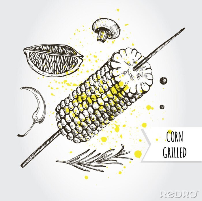 Fotobehang Gegrilde maïs op een spies. Inkt hand getrokken vectorillustratie. Voedselelement voor menuontwerp.