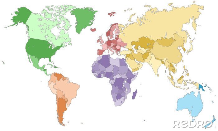 Fotobehang Gekleurde continenten op wereldkaart