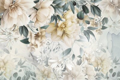 Fotobehang Gele bloemen tussen groene bladeren