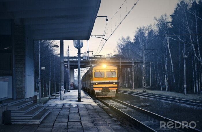 Fotobehang Gele trein in een donker landschap