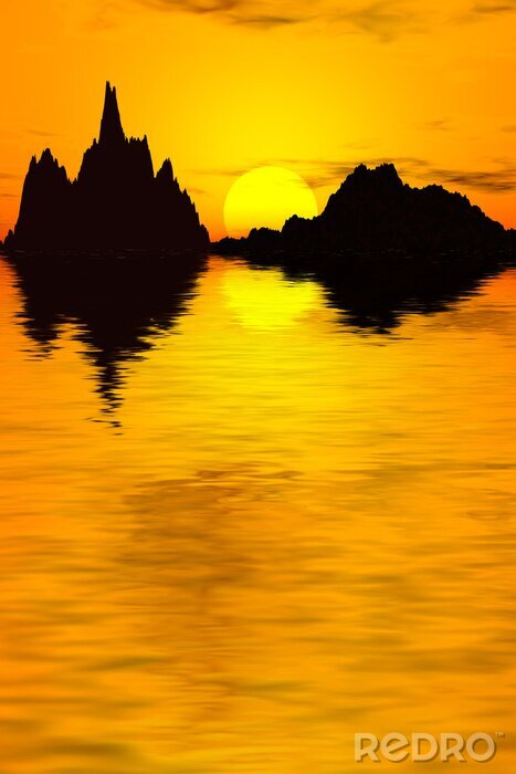 Fotobehang Gele zon tussen de bergen