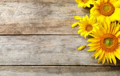 Fotobehang Gele zonnebloemen op hout