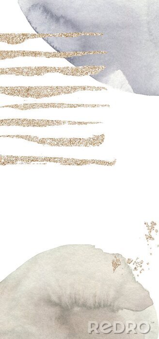 Fotobehang Geometric poster with watercolor and gold elements on white background. Abstract nordic print. Scandinavian style. Hand drawn illustration. Mixed media art collage