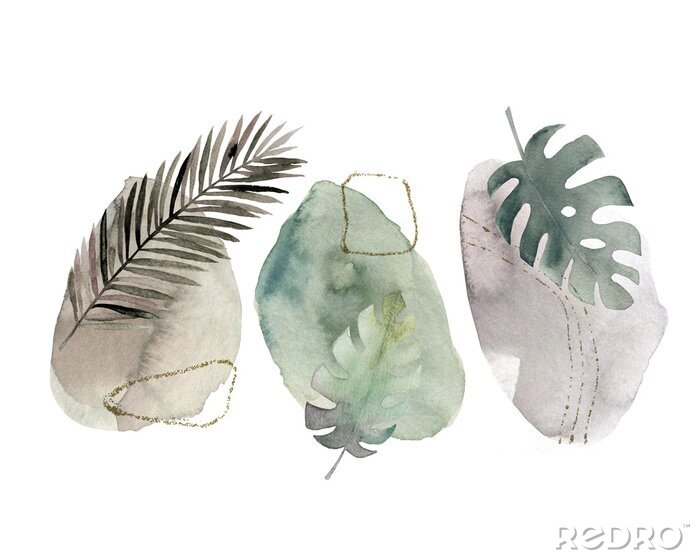 Fotobehang Geometric poster with watercolor and marble elements on white background. Abstract nordic print. Scandinavian style. Hand drawn illustration