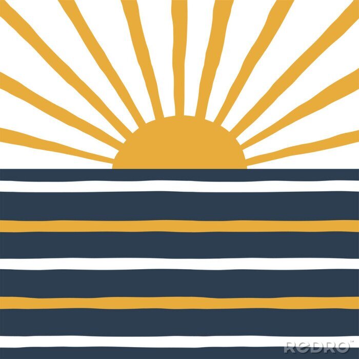 Fotobehang Geometric sunrise and sea simple illustration. Stripy navy blue and yellow solar print in vector. Simple abstract landscape background.