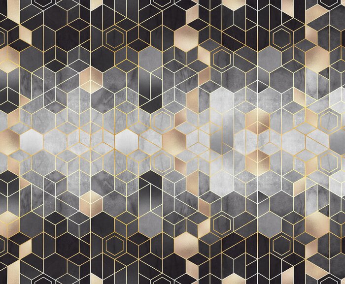 Fotobehang Geometrische abstractie met gouden zeshoeken