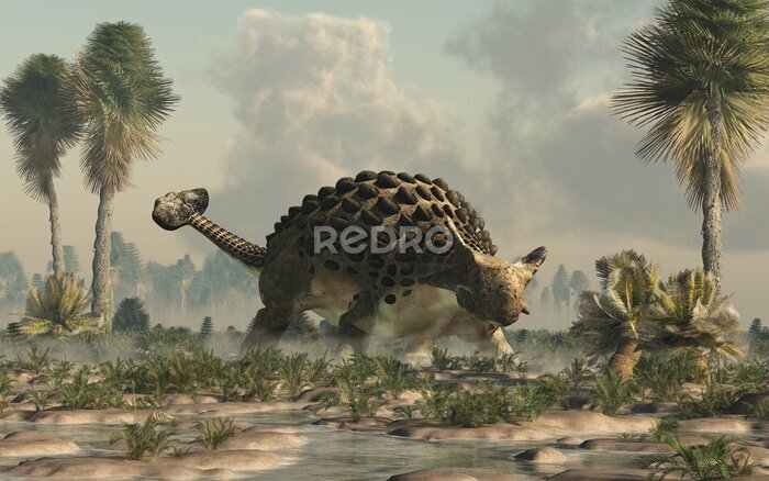 Fotobehang Gepantserde plantenetende dinosaurus op een drassige vlakte