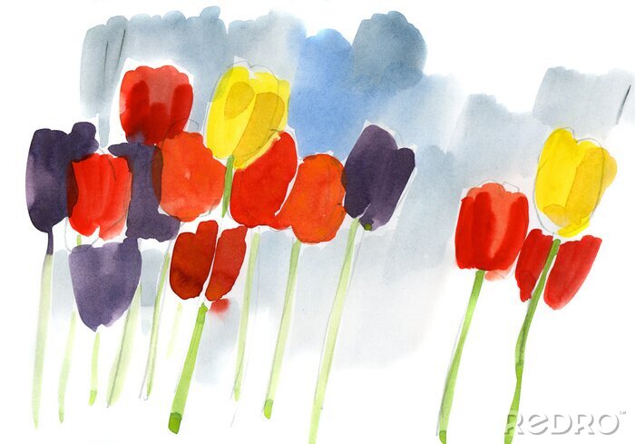 Fotobehang Geschilderde bloemen op een blauwe achtergrond