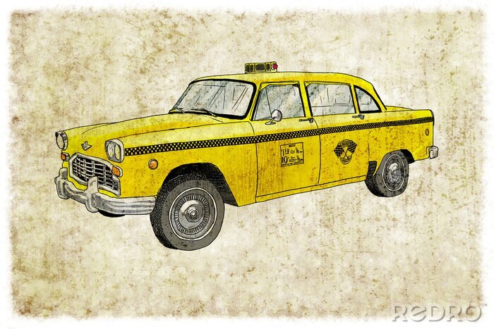 Fotobehang Geschilderde taxi in vintage stijl