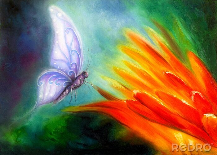 Fotobehang Geschilderde vlinders op de bladeren