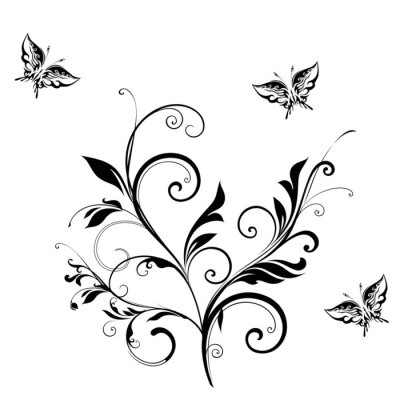Fotobehang Getekende vlinders boven een zwarte bloem
