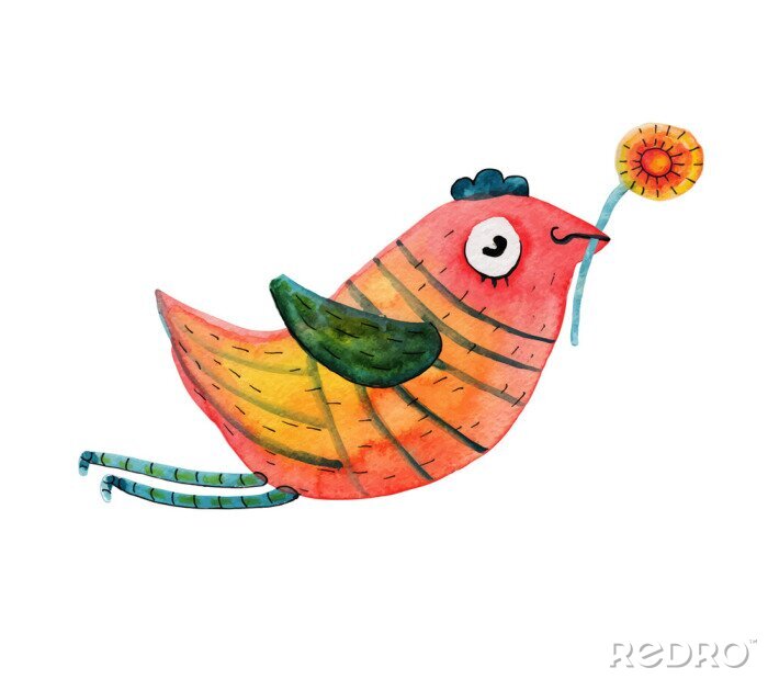 Fotobehang Getekende vogel in kleurrijke tinten