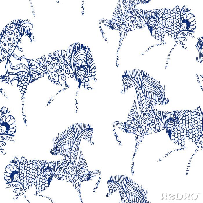 Fotobehang Gevormde witte en blauwe paarden