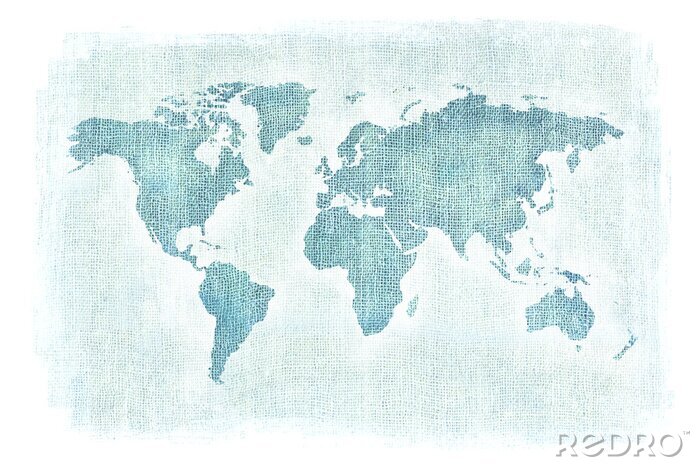 Fotobehang Geweven illustratie van kaart van de wereld met de achtergrond van het jutelinnen. Witte randen. Vintage stijl met gebeitste randen.
