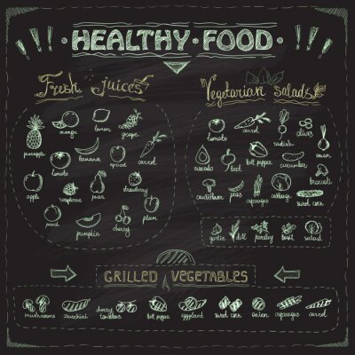 Fotobehang Gezond eten menu bord met de hand getekende diverse groenten en fruit.