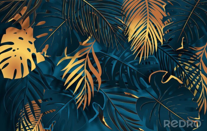 Fotobehang Gold and dark vector turquoise tropical leaves on dark background. Exotic botanical background design for luxury brands.