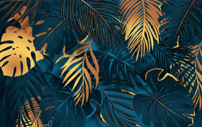 Fotobehang Gold and dark vector turquoise tropical leaves on dark background. Exotic botanical background design for luxury brands.