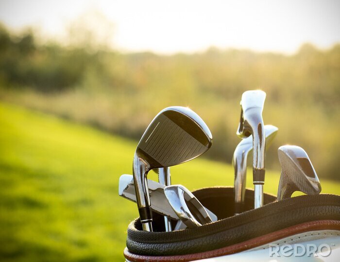 Fotobehang Golf clubs drivers over green field background