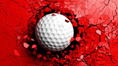 Golfbal die geforceerd door een rode muur breken. 3D illustratie.
