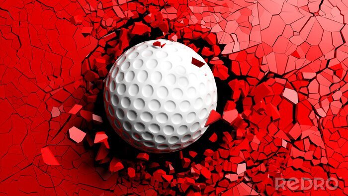 Fotobehang Golfbal die geforceerd door een rode muur breken. 3D illustratie.
