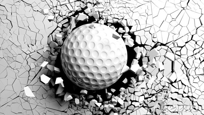 Fotobehang Golfbal die geforceerd door een witte muur breken. 3D illustratie.