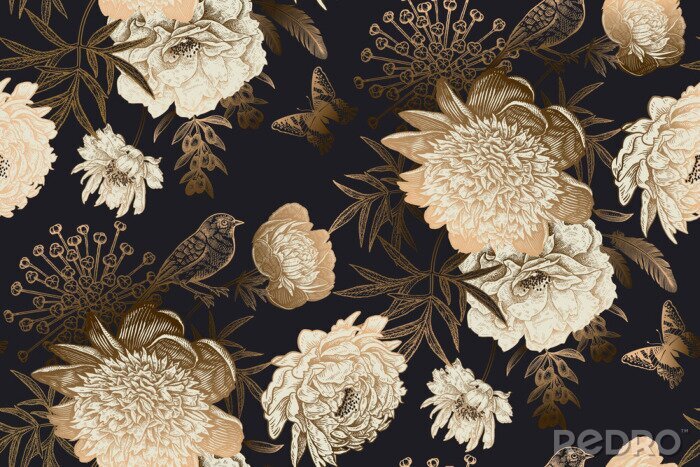 Fotobehang Gouden imitatie bloemen en bladeren