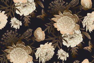 Behang Gouden imitatie bloemen en bladeren