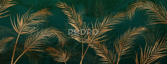 Fotobehang Gouden palmbladeren op een donkergroene achtergrond