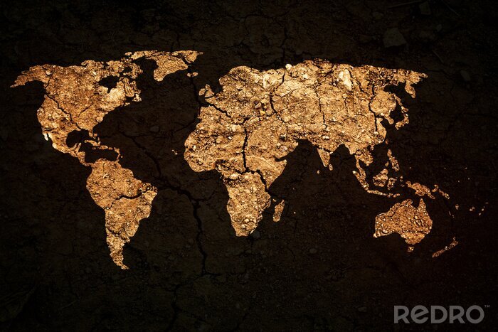 Fotobehang Gouden wereldkaart op een zwarte achtergrond