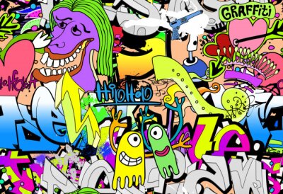 Graffiti-inscripties en kleurrijke monsters