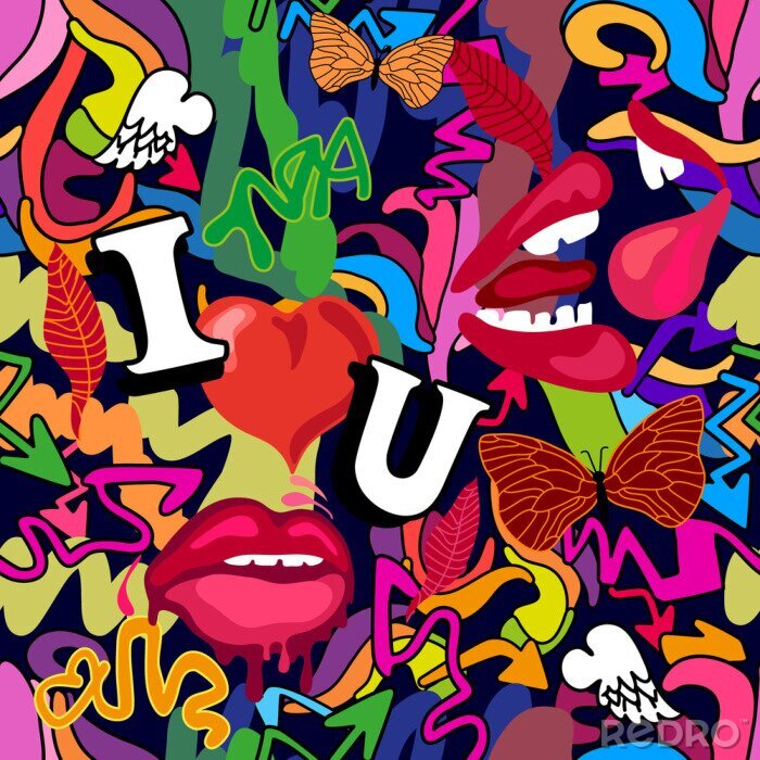 Fotobehang Graffiti met hartjes lippen en belettering