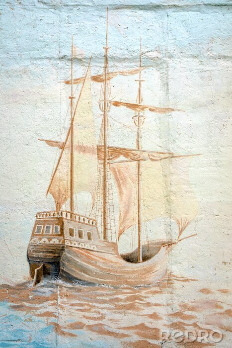 Fotobehang Graffiti muur door ten onbekende kunstenaar met zeeschip