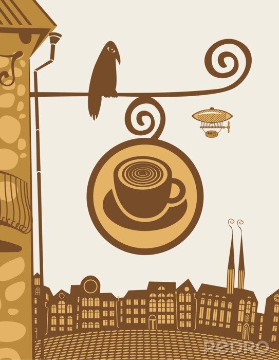 Fotobehang Grafiek met ingang van café