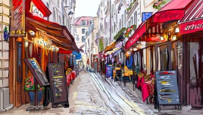 Fotobehang Grafiek van een kleurrijke straat in Parijs