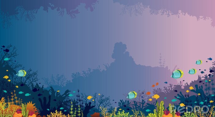 Fotobehang Grafisch koraalrif op paarse achtergrond