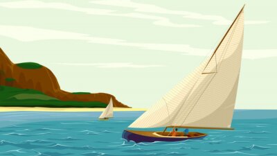 Fotobehang Grafisch landschap met een zeilboot