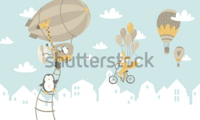 Fotobehang Grafisch patroon met dieren in ballonnen