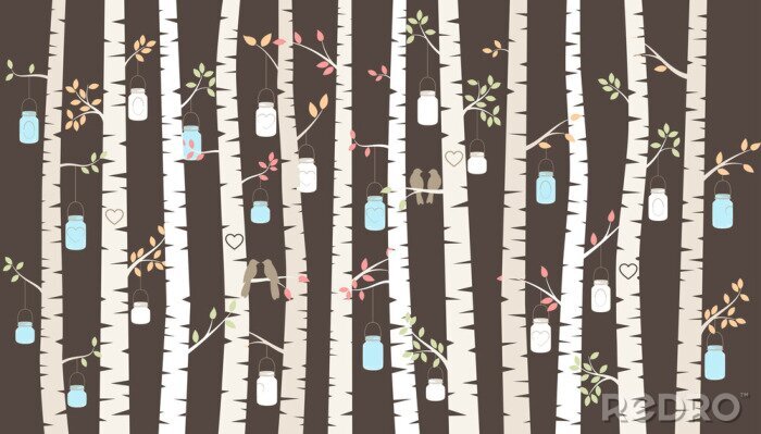 Fotobehang Grafische berken en lantaarns