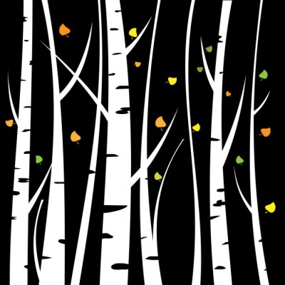 Fotobehang Grafische berkenbomen op zwarte achtergrond