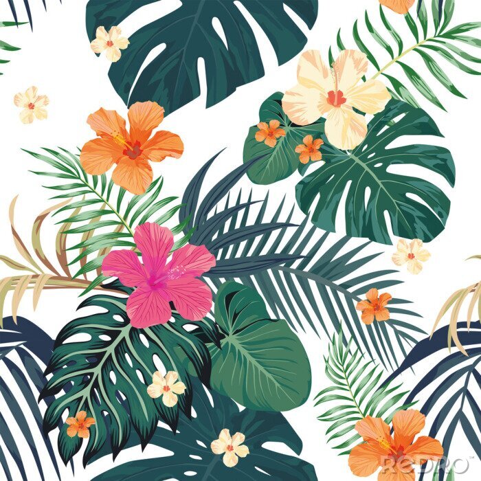 Fotobehang Grafische bloemen en bladeren uit de tropen