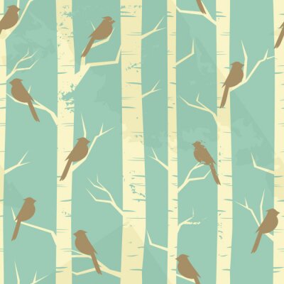 Fotobehang Grafische boomstammen van berken met vogels