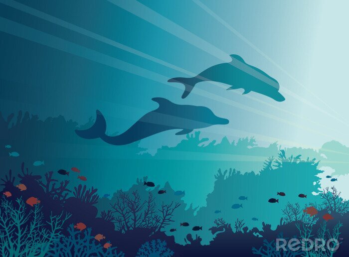Fotobehang Grafische dolfijnen en koraalrif