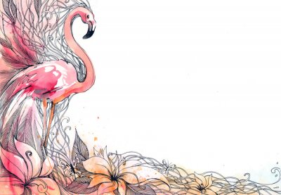 Fotobehang Grafische illustratie met een flamingo