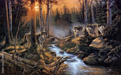 Fotobehang Grafische illustratie met wolven