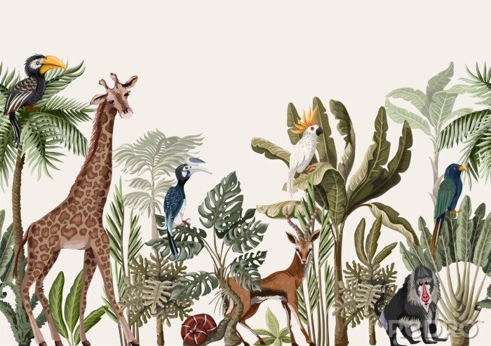 Fotobehang Grafische jungle met dieren