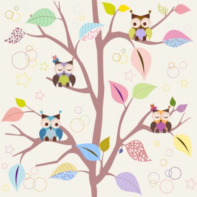 Fotobehang Grafische uilen op de boom