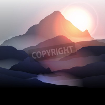 Fotobehang Grafische zonsopgang achter de bergen