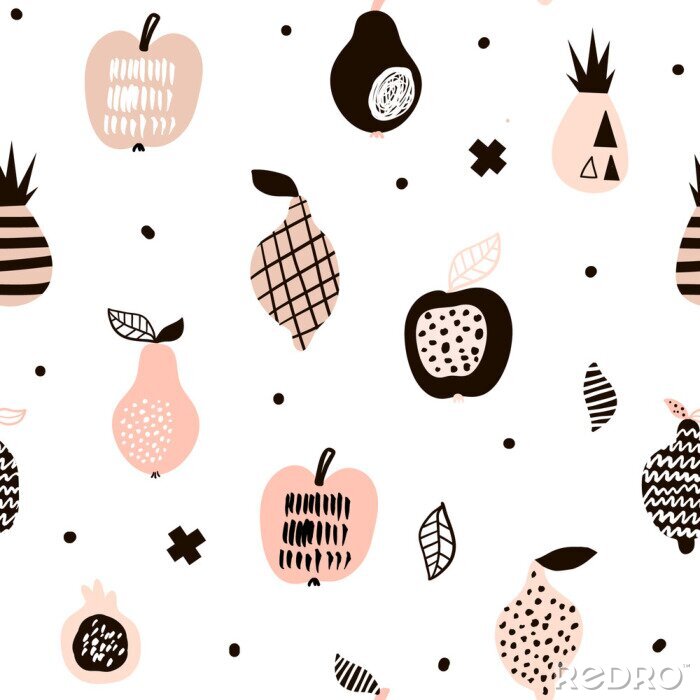 Fotobehang Grafische zwarte en roze appels, ananas en peren
