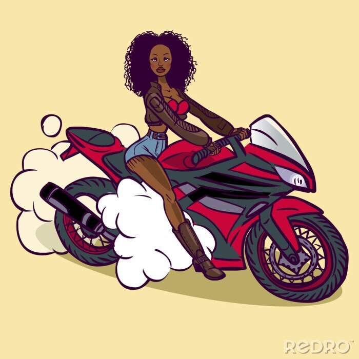 Fotobehang Grappig vector cartoon Afrikaanse biker meisje in pin-up stijl geïsoleerde
