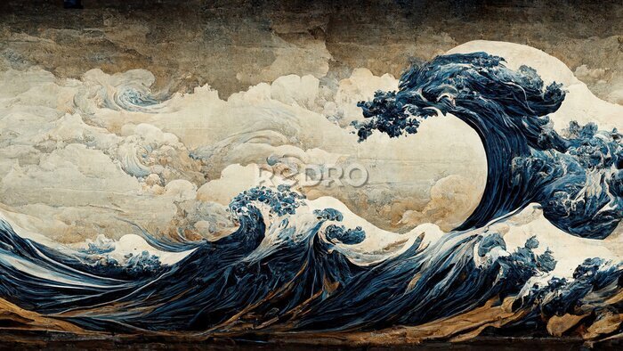 Fotobehang Great blue ocean wave as Japanese vintage style illustration